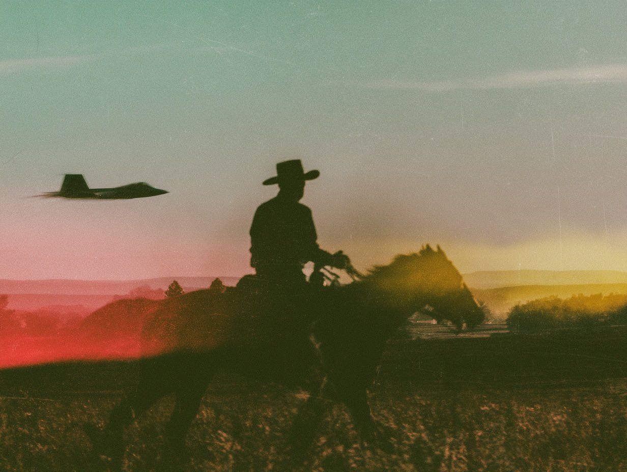 A fighter jet passes low over a rider on horseback in an open field